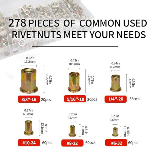 Rivet Nut Assortment Kit(278Pcs), 1/4"-20, 3/8"-16, 5/16"-18, #10-24, #8-32, #6-32UNC SAE Rivnuts Set, Threaded Inserts for Metal, Galvanized Flat Head Knurled Body Carbon Steel Nutserts in Kuwait