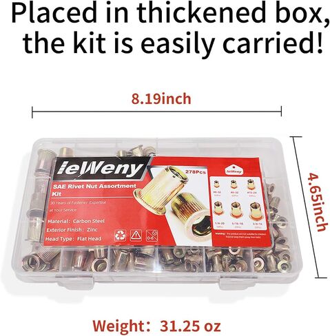 Rivet Nut Assortment Kit(278Pcs), 1/4"-20, 3/8"-16, 5/16"-18, #10-24, #8-32, #6-32UNC SAE Rivnuts Set, Threaded Inserts for Metal, Galvanized Flat Head Knurled Body Carbon Steel Nutserts in Kuwait