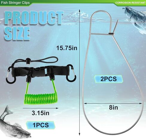 2 Pcs Large Fish Stringer Clips with 43" Stainless Steel Core Fishing Lanyard Quick Release for Spearfishing, Kayak Fishing & Scuba Diving in Saudi Arabia