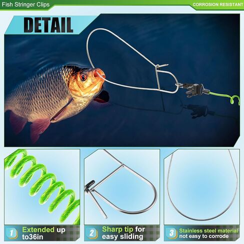 2 Pcs Large Fish Stringer Clips with 43" Stainless Steel Core Fishing Lanyard Quick Release for Spearfishing, Kayak Fishing & Scuba Diving in Saudi Arabia
