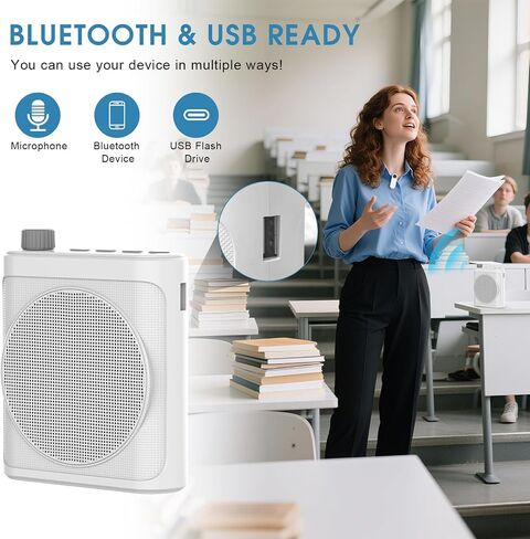 15W Wireless Voice Amplifier with 2 Magnetic Lavalier Mics & Noise Reduction - Bluetooth 5.3 PA System for Teachers, Tour Guide, Yoga - 15H Rechargeable Battery, Waist-Mount Design (White) in Saudi Arabia
