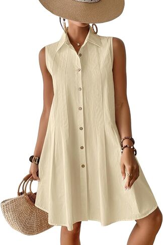 Bsubseach Cotton Swimsuit Coverup for Women Sleeveless Button Down Bathing Suit Cover Up Summer Beach Pleated Shirt Dresses Black L in Saudi Arabia