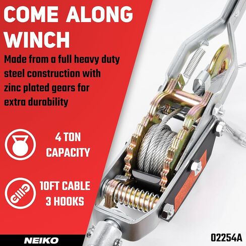 NEIKO 02252A Come Along Winch, 2-Ton (4000 Lbs) Pulling Capacity, 7.2 Ft, 2 Hook, Heavy Duty Power Cable Come Along Tool with Dual Gears, Hand Winch Cable, Automotive Hoist Winch Puller, Recovery Gear in Saudi Arabia