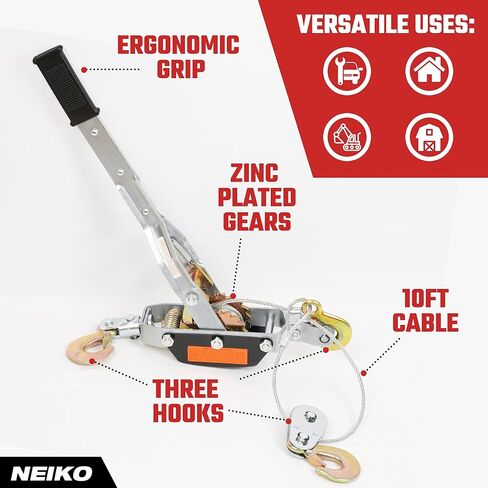 NEIKO 02252A Come Along Winch, 2-Ton (4000 Lbs) Pulling Capacity, 7.2 Ft, 2 Hook, Heavy Duty Power Cable Come Along Tool with Dual Gears, Hand Winch Cable, Automotive Hoist Winch Puller, Recovery Gear in Saudi Arabia