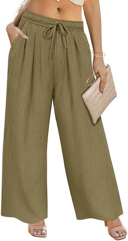TIYOMI Plus Size Pants Womens Summer Palazzo Pants Drawstring Wide Leg Lounge Pant Casual Beach Trousers with Pockets XL-5XL in Saudi Arabia
