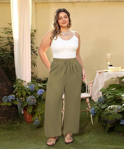 TIYOMI Plus Size Pants Womens Summer Palazzo Pants Drawstring Wide Leg Lounge Pant Casual Beach Trousers with Pockets XL-5XL in Saudi Arabia