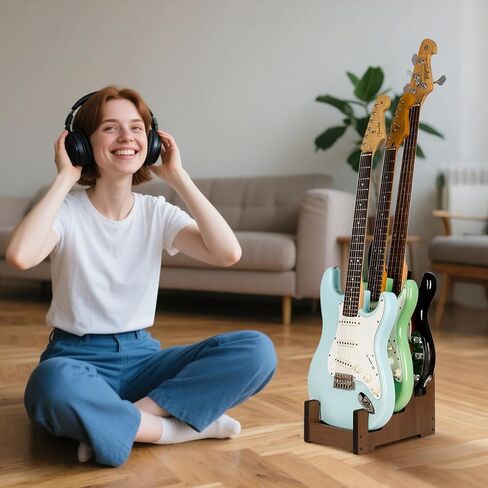 Wood Multi Guitar Stand ، 3 حامل حامل ، أرضية لإنقاذ الفضاء للمنزل ، استوديو الموسيقى ، المسرح - الجوز (الجوز) in Saudi Arabia