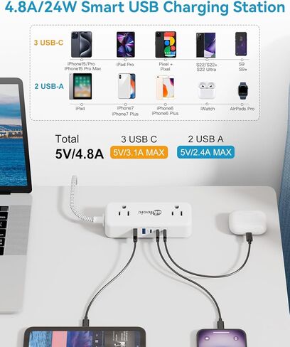 5 USB (3 USB C) قطاع كهربائي صغير مسطح سد مسطح قصير 3 أقدام ، 5 محطة شحن USB 24W/4.8A و 4 منافذ ، واقي غير متصمم مع 3 منفذ جانبي لمكتب سفن سفر. in Kuwait