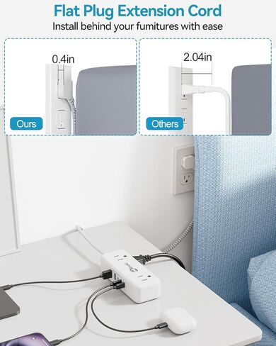 5 USB (3 USB C) قطاع كهربائي صغير مسطح سد مسطح قصير 3 أقدام ، 5 محطة شحن USB 24W/4.8A و 4 منافذ ، واقي غير متصمم مع 3 منفذ جانبي لمكتب سفن سفر. in Kuwait