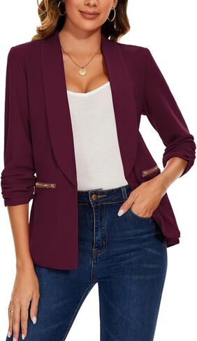 Womens Casual Blazer Ruched 3/4 Sleeve Open Front Cardigan Work Office Blazers Suit Jacket with Zipper Pocket in Kuwait