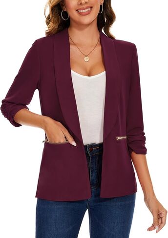 Womens Casual Blazer Ruched 3/4 Sleeve Open Front Cardigan Work Office Blazers Suit Jacket with Zipper Pocket in Kuwait