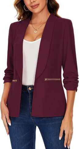 Womens Casual Blazer Ruched 3/4 Sleeve Open Front Cardigan Work Office Blazers Suit Jacket with Zipper Pocket in Kuwait