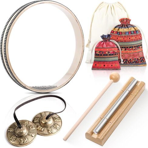 3 مجموعات أداة التأمل تشمل تبتيا Tingsha Cymbals واحدة نغمة جرس يدوية رنين مع طبل الطبل وطبل بحر الخرزة مع حقيبة القماش الرباط للمعلمين إدارة الفصول الدراسية in Kuwait