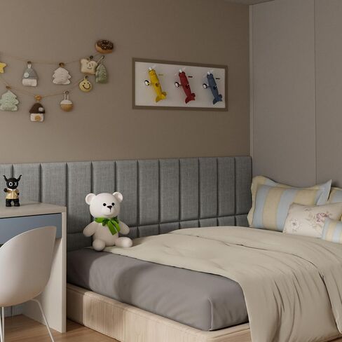 Upholstered Wall Mounted Headboard for Twin in Light Grey, Peel and Stick Wall Padding Panel Terry Cloth, 4 Panels Sized 9.84" x 23.62" in Saudi Arabia