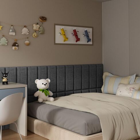 Upholstered Wall Mounted Headboard for Twin in Light Grey, Peel and Stick Wall Padding Panel Terry Cloth, 4 Panels Sized 9.84" x 23.62" in Saudi Arabia