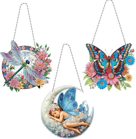 MaiYiYi 3 PCS Hanging Diamond Art Pendant Painting Kit Fairy Special Crystal Gem Craft Painting Set Butterfly Diamond Painting Ornaments for Adult Home Wall Window Decor (13.58X7.48 in) in Saudi Arabia