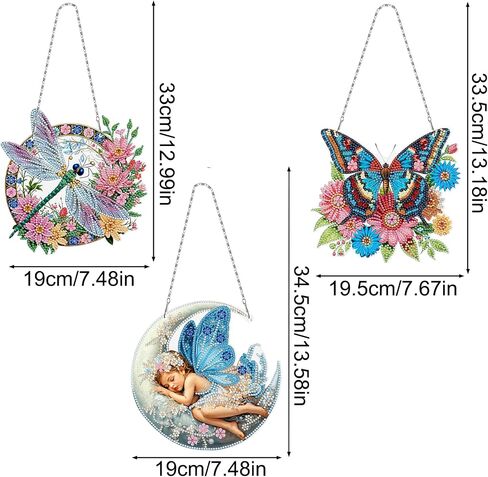 MaiYiYi 3 PCS Hanging Diamond Art Pendant Painting Kit Fairy Special Crystal Gem Craft Painting Set Butterfly Diamond Painting Ornaments for Adult Home Wall Window Decor (13.58X7.48 in) in Saudi Arabia