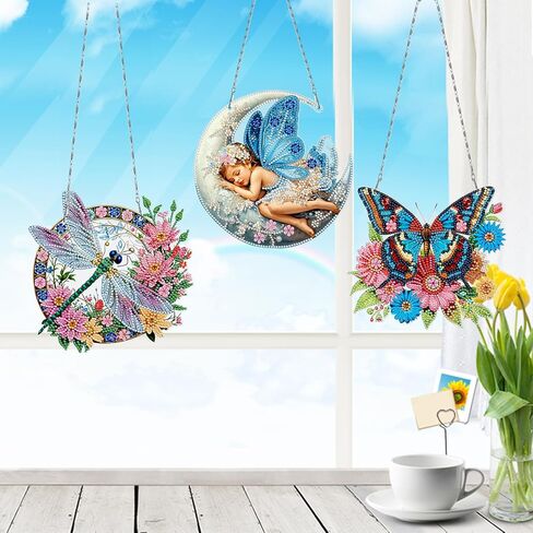 MaiYiYi 3 PCS Hanging Diamond Art Pendant Painting Kit Fairy Special Crystal Gem Craft Painting Set Butterfly Diamond Painting Ornaments for Adult Home Wall Window Decor (13.58X7.48 in) in Saudi Arabia