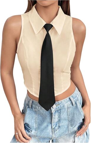 SOLY HUX Women's Button Down Sleeveless Crop Shirts Summer Tank Top Cropped Blouse with Matching Tie in Kuwait