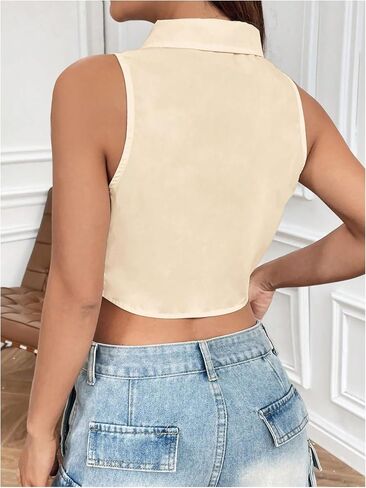 SOLY HUX Women's Button Down Sleeveless Crop Shirts Summer Tank Top Cropped Blouse with Matching Tie in Kuwait