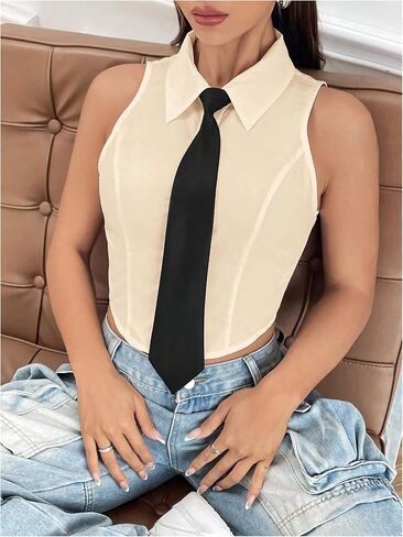 SOLY HUX Women's Button Down Sleeveless Crop Shirts Summer Tank Top Cropped Blouse with Matching Tie in Kuwait