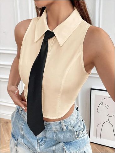 SOLY HUX Women's Button Down Sleeveless Crop Shirts Summer Tank Top Cropped Blouse with Matching Tie in Kuwait