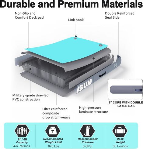 AWSUM Inflatable Floating Dock Air Dock Platform, 6ft/8ft Non-Slip Inflatable Water Mat Floating Island Raft for Lake Pool Beach Ocean in Kuwait