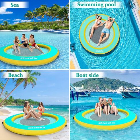 Inflatable Floating Water Hammock, 8ft/10ft Round Floating Ring for Adults Kids with Mesh, 6 inch Thick Floating Platform River Floats Dock for Pool Ocean Lake Beach in Kuwait