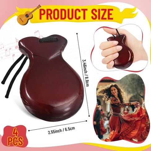 4 Pack Spanish Castanets Flamenco with String Traditional Wood Hand Percussion Castanets for Kids Adults Music Instrument Spain Souvenir Gift, 2 Pairs (Brown) in Saudi Arabia