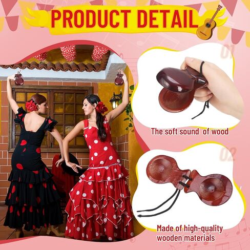 4 Pack Spanish Castanets Flamenco with String Traditional Wood Hand Percussion Castanets for Kids Adults Music Instrument Spain Souvenir Gift, 2 Pairs (Brown) in Saudi Arabia