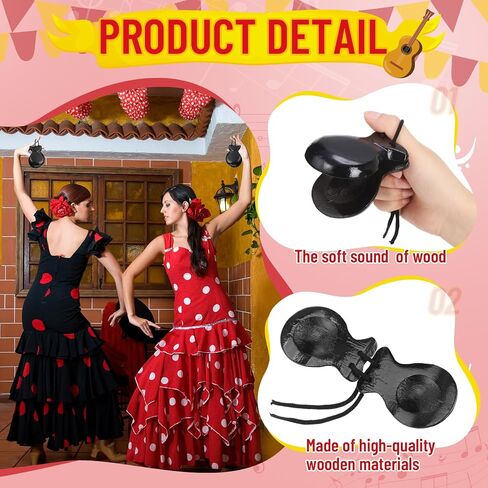 4 Pack Spanish Castanets Flamenco with String Traditional Wood Hand Percussion Castanets for Kids Adults Music Instrument Spain Souvenir Gift, 2 Pairs (Brown) in Saudi Arabia