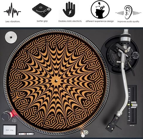 حصيرة القرص الدوار Cork للحصول على دعم صوتي أفضل على مشغل سجل Vinyl LP- التصميم الهندسي الأصلي- الضوء المظلم Cork Slipmat [3mm shight]- M5 in Kuwait
