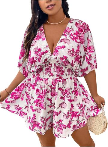 Floerns Women's Plus Size Floral Dolman Sleeve V Neck Romper One Piece Jumpsuit in Saudi Arabia