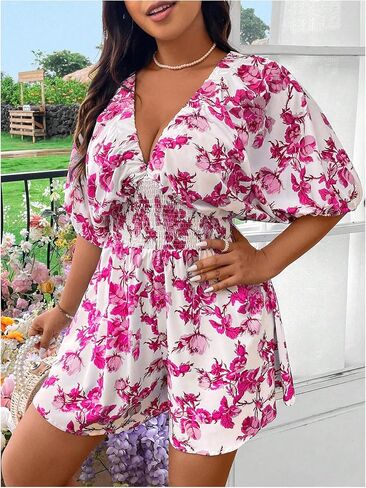 Floerns Women's Plus Size Floral Dolman Sleeve V Neck Romper One Piece Jumpsuit in Saudi Arabia
