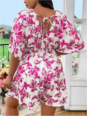 Floerns Women's Plus Size Floral Dolman Sleeve V Neck Romper One Piece Jumpsuit in Saudi Arabia