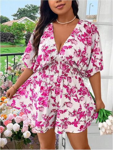 Floerns Women's Plus Size Floral Dolman Sleeve V Neck Romper One Piece Jumpsuit in Saudi Arabia