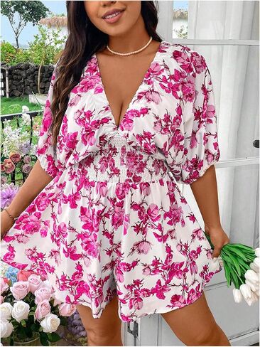 Floerns Women's Plus Size Floral Dolman Sleeve V Neck Romper One Piece Jumpsuit in Saudi Arabia