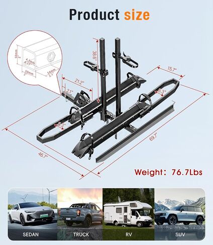 EBike Rack with Ramp for Tow Hitch with 300lbs Load Capacity, Car Bike Rack for Electric Mopeds, Fat Tire Mountain Bicycles, E Bike Carrier Raks for 2 Bikes, Fits SUV, Truck, RV, Van in Saudi Arabia