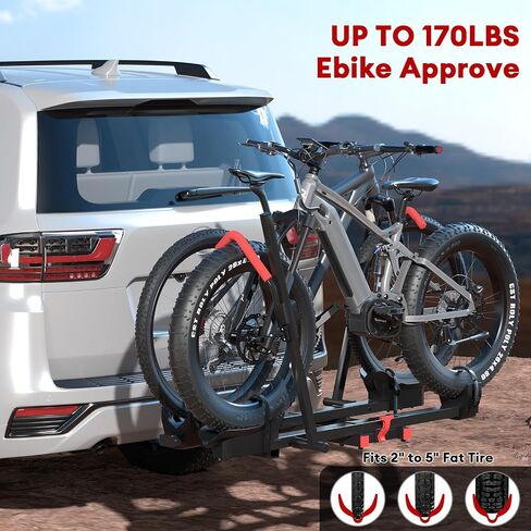 Hitch 2 EBike Rack with Ramp, 170lbs Capacity Electric Bike Carrier Foldable for 2 Heavy Ebike, Up to 5-inch Fat Tire Bicycle, 2" Receiver for Car, SUV, RV, Truck, Black in Saudi Arabia