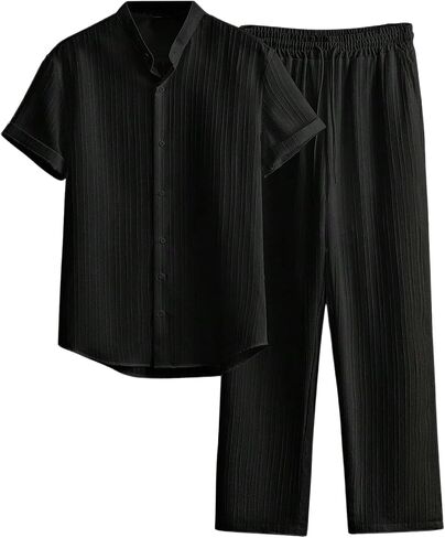 Men's 2 Piece Outfits Textured Short Sleeve Button Up Shirts and Drawstring Waist Beach Pants in Saudi Arabia