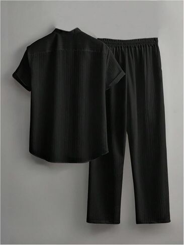 Men's 2 Piece Outfits Textured Short Sleeve Button Up Shirts and Drawstring Waist Beach Pants in Saudi Arabia