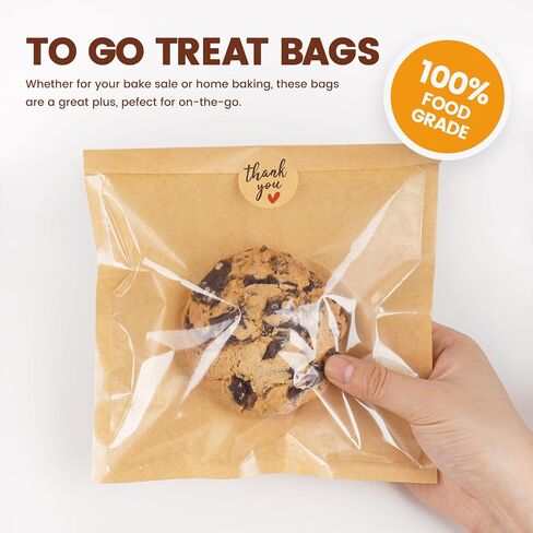 100 حزمة أكياس مخبز قابلة للحرارة مع نافذة ، 7.1 × 7.5 بوصة أكياس تغليف ملفات تعريف الارتباط مع الأكمام الورقية بيع الختم للخبز ، شريحة الكيك ، شطيرة ، دونات ، المعجنات in Kuwait