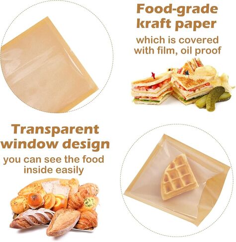 Ocmoiy 100ct Heat-Sealable Bakery Bags with Window for Egg Sandwich, Donut, Cookies Packaging, 7.1x7.5 Inches Clear Front Brown Paper Treat bags To go, Grease-Resistant (100) in Kuwait
