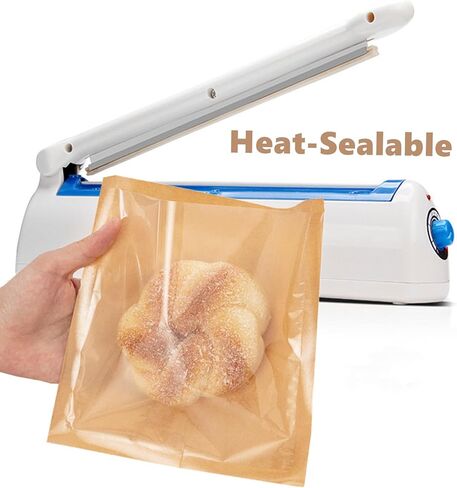 Ocmoiy 100ct Heat-Sealable Bakery Bags with Window for Egg Sandwich, Donut, Cookies Packaging, 7.1x7.5 Inches Clear Front Brown Paper Treat bags To go, Grease-Resistant (100) in Kuwait