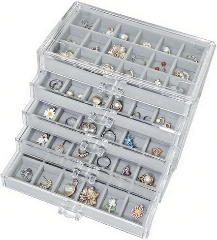Acrylic Earring Holder Organizer with 5 Drawers Clear Earring Organizer Box with 90 Adjustable Grids Velvet Earring Display Case Jewelry Organizer for Earrings Rings Studs (Beige) in Saudi Arabia