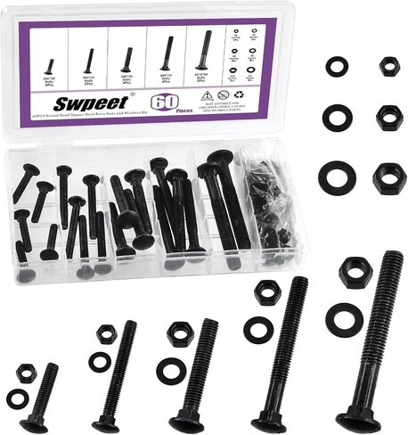Swpeet 304 Stainless Steel (Black) 60Pcs 5 Sizes Carriage Bolts Screws Nut Washer Assortment Kit, in Saudi Arabia