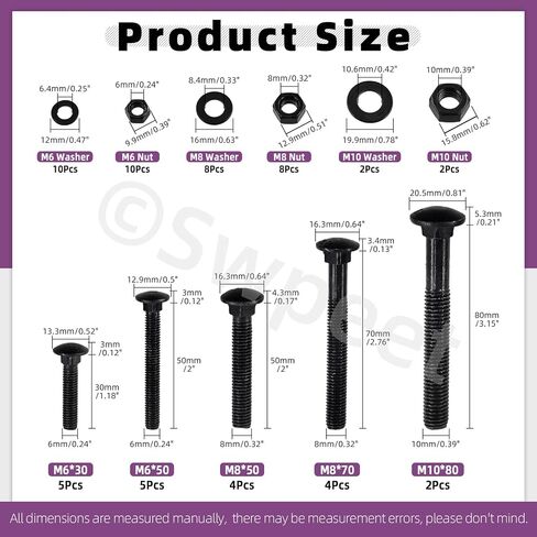Swpeet 304 Stainless Steel (Black) 60Pcs 5 Sizes Carriage Bolts Screws Nut Washer Assortment Kit, in Saudi Arabia