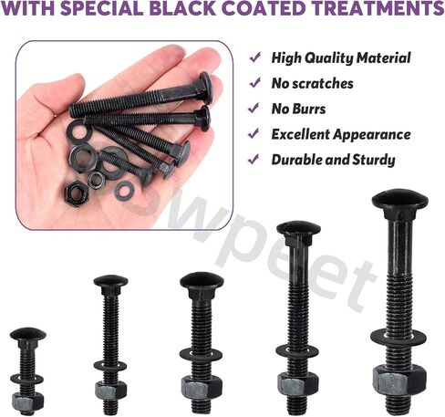 Swpeet 304 Stainless Steel (Black) 60Pcs 5 Sizes Carriage Bolts Screws Nut Washer Assortment Kit, in Saudi Arabia