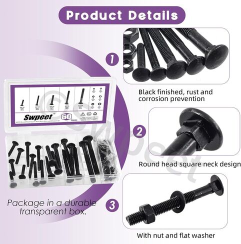 Swpeet 304 Stainless Steel (Black) 60Pcs 5 Sizes Carriage Bolts Screws Nut Washer Assortment Kit, in Saudi Arabia