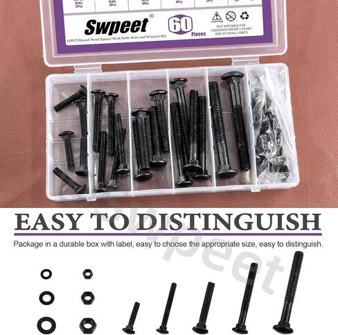Swpeet 304 Stainless Steel (Black) 60Pcs 5 Sizes Carriage Bolts Screws Nut Washer Assortment Kit, in Saudi Arabia